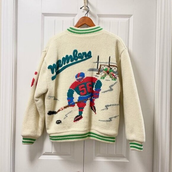 Vintage Made in Japan 80s Wool Knit Hockey Varsity Jacket Cream - Picture 1 of 15